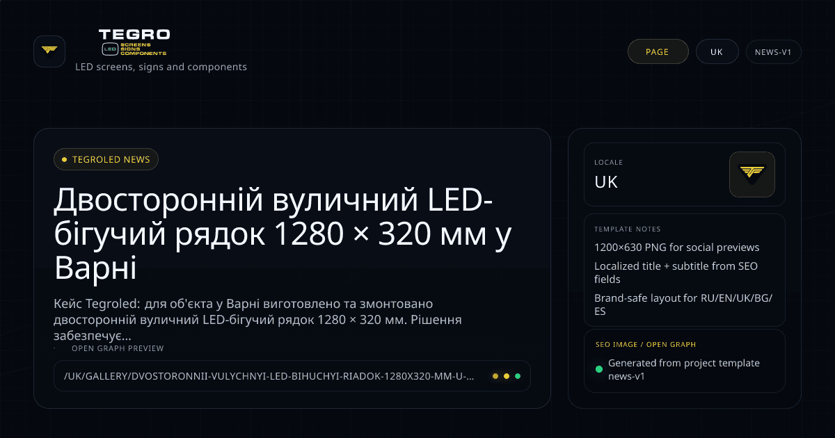 Двосторонній вуличний LED-бігучий рядок 1280 × 320 мм у Варні